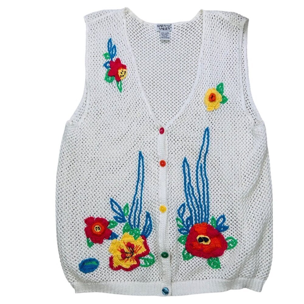 VTG Napa Valley Floral Crochet Vest Medium Cottagecore Twee Boho
